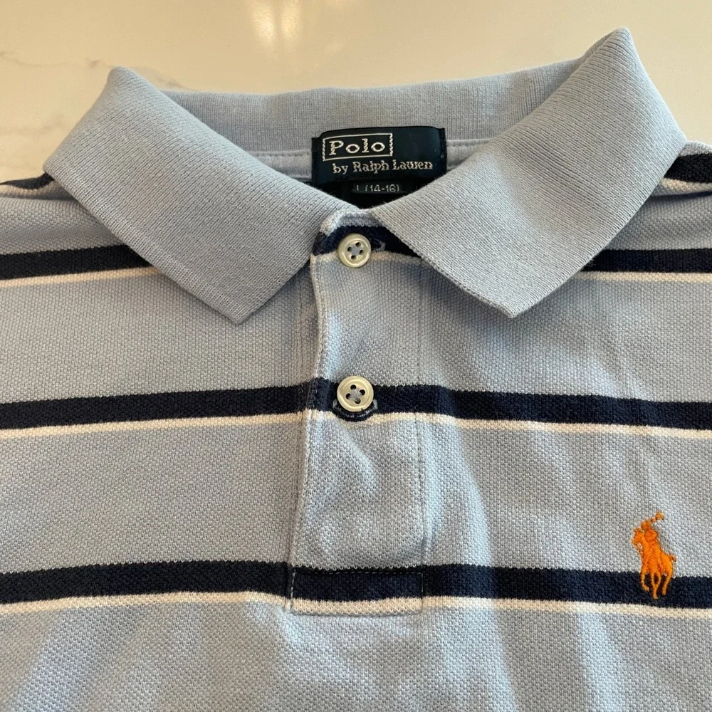 Polo Ralph Lauren Boys Light Blue Navy Striped Polo Shirt L 14-16 Orange Pony